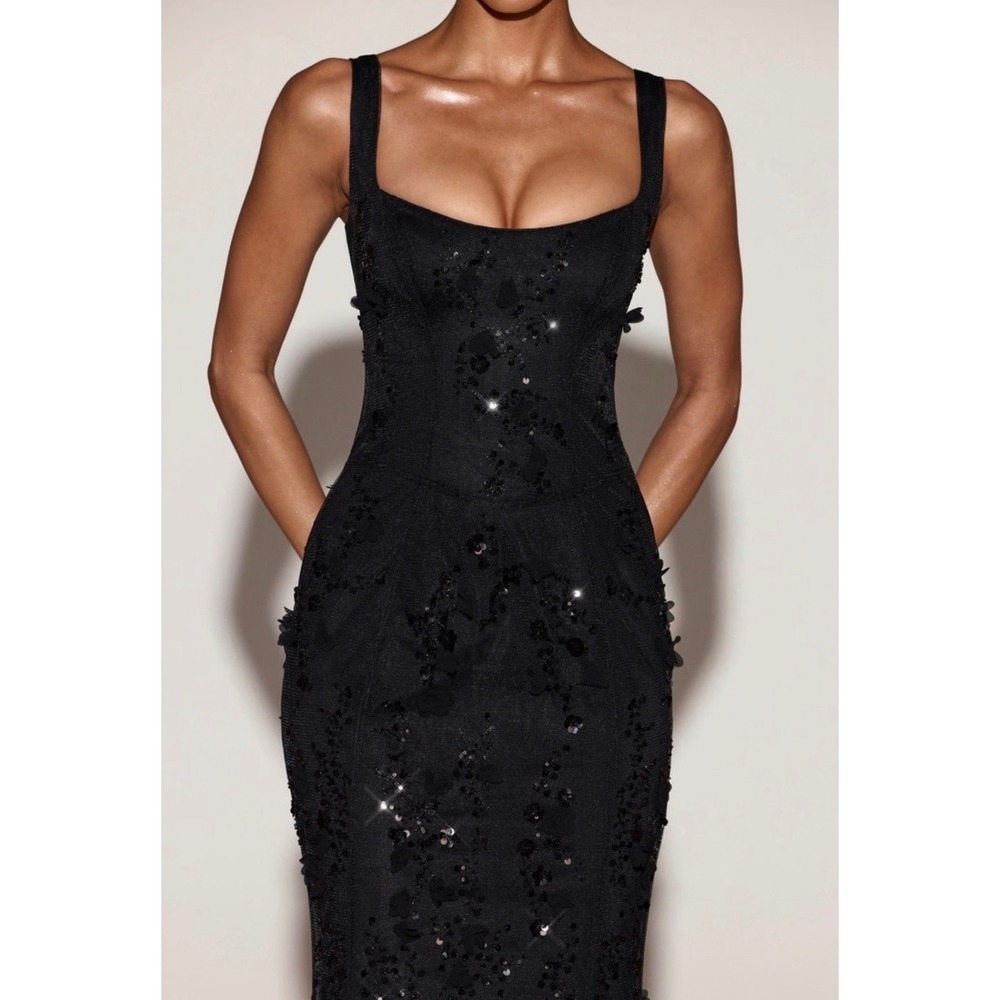 Oh Polly Black Sequin Floral Lace Corset Maxi Dress Lace Up Back Prom Gown US 4 - Picture 3 of 10